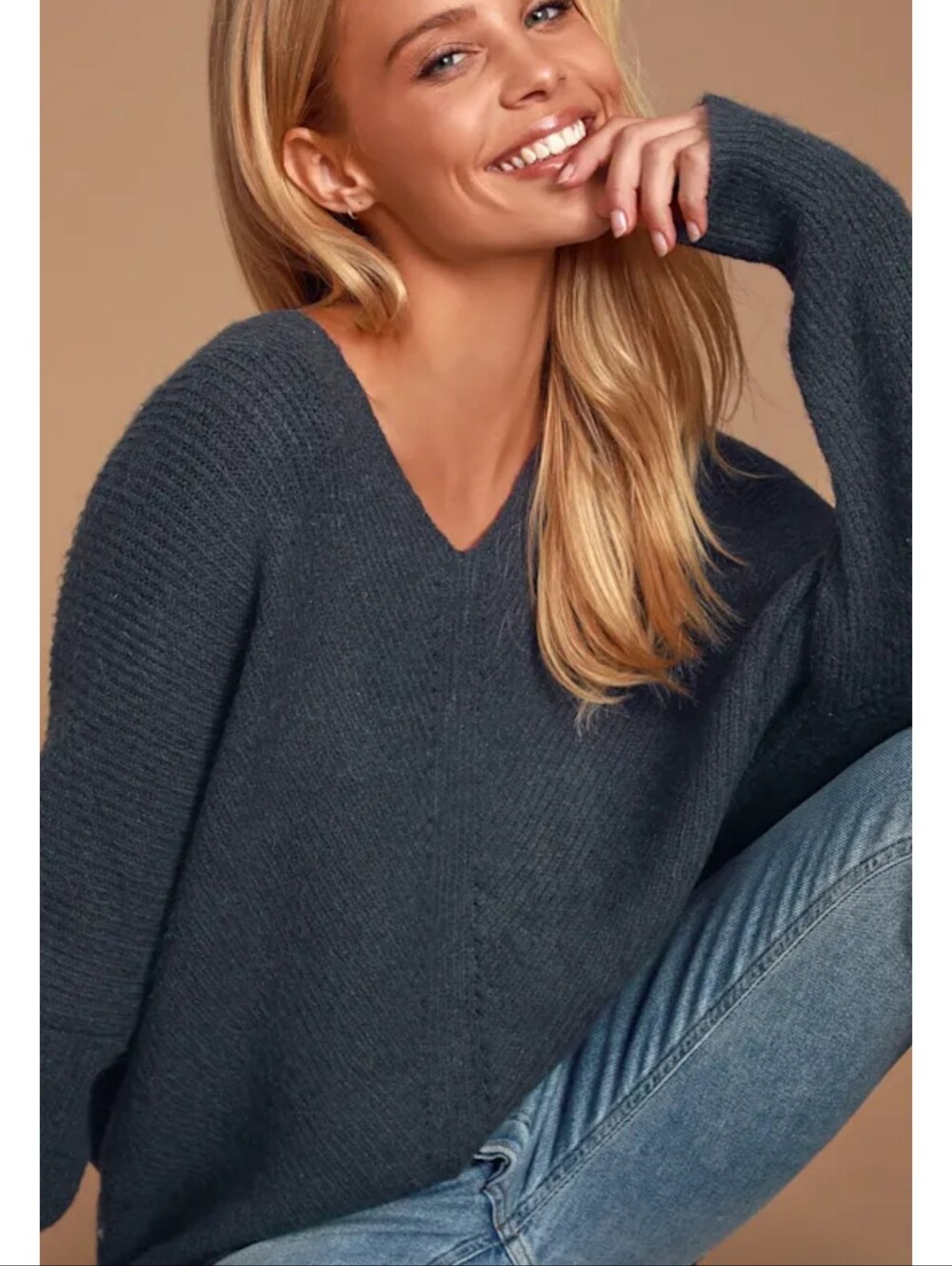 Lulus Emerson Dark Slate Blue Dolman Sleeve Sweater Size S
